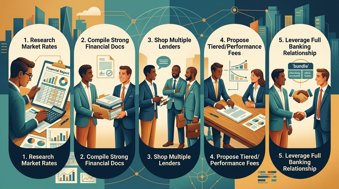 Infographic detailing five proven tactics for borrowers to negotiate commercial loan fees during term sheet negotiations.