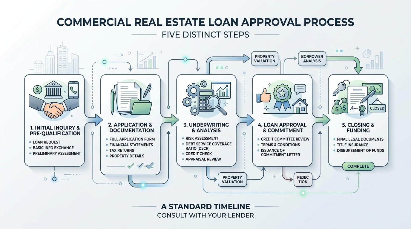Flowchart detailing the five steps of the commercial real estate loan approval process, from pre-qualification to closing.