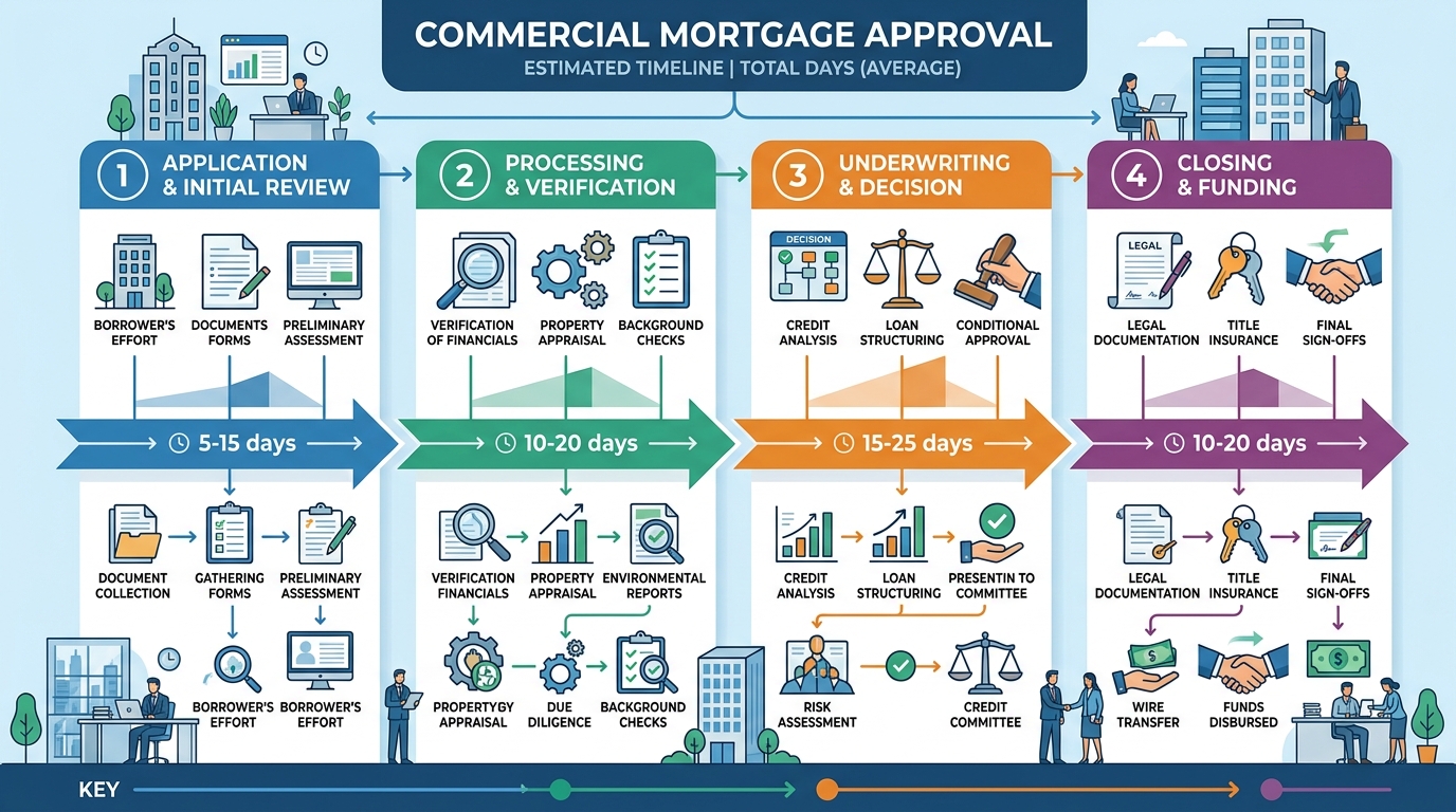 Chart illustrating the average timeline in days for each phase of commercial mortgage approval.