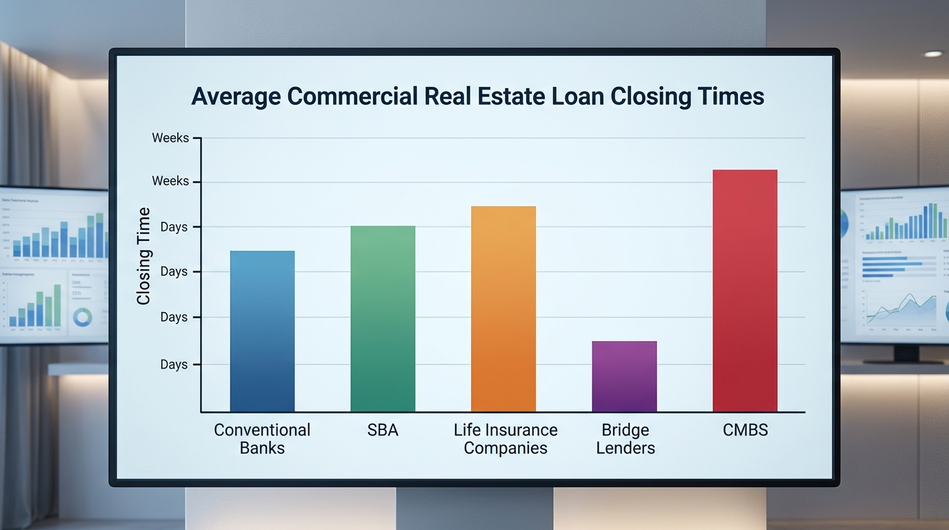 Bar chart illustrating the average closing times for commercial real estate loans, broken down by various lender types such as conventional banks, SBA, life insurance companies, bridge lenders, and CMBS.
