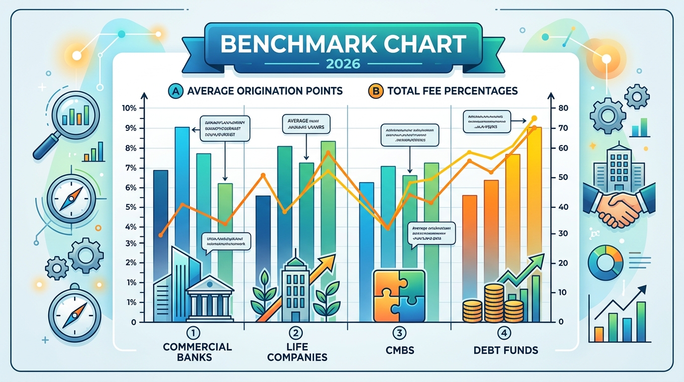 Benchmark chart showing average commercial real estate loan origination points and total fee percentages by lender type in 2026.