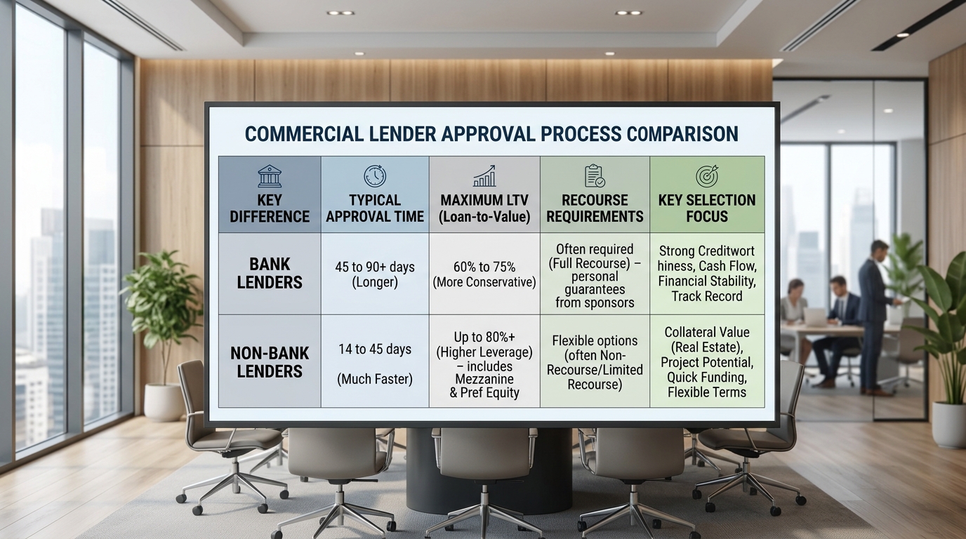 Comparison table outlining the differences in the commercial loan approval process between traditional banks and non-bank lenders.