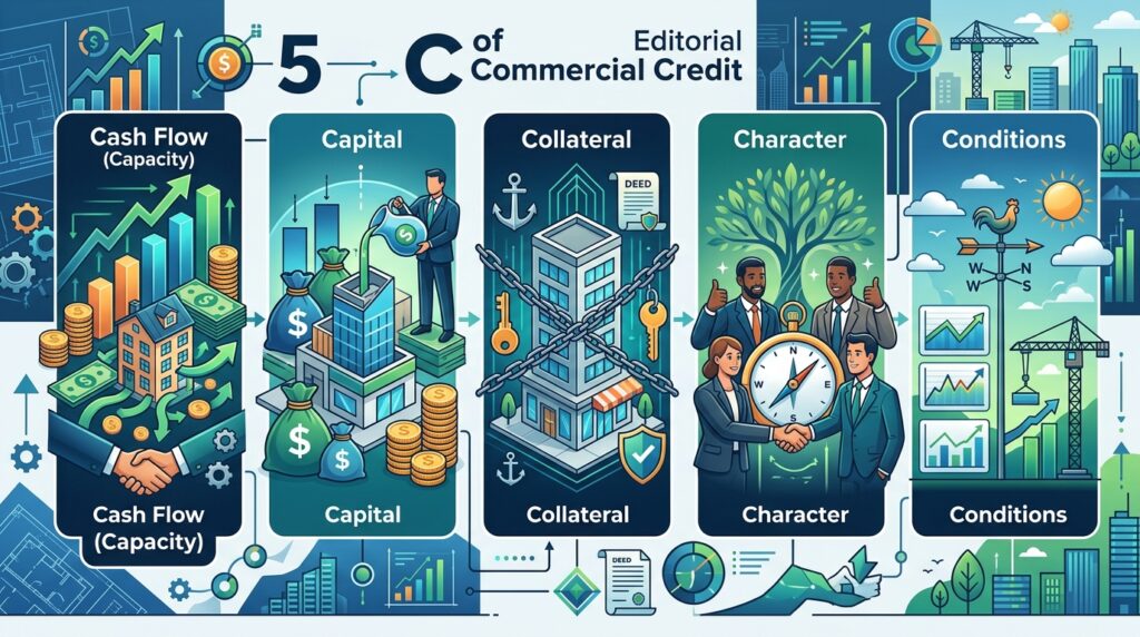 An infographic illustrating the 5 Cs of Commercial Credit: Cash Flow, Capital, Collateral, Character, and Conditions, which lenders use to evaluate commercial real estate loan applications.
