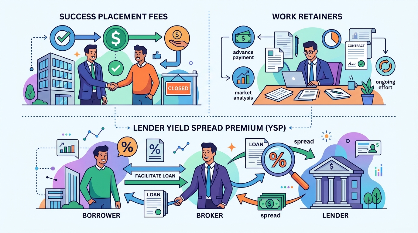 Diagram illustrating the three main commercial mortgage broker fee structures: success-based placement fees, work retainers, and lender yield spread premiums (YSP).