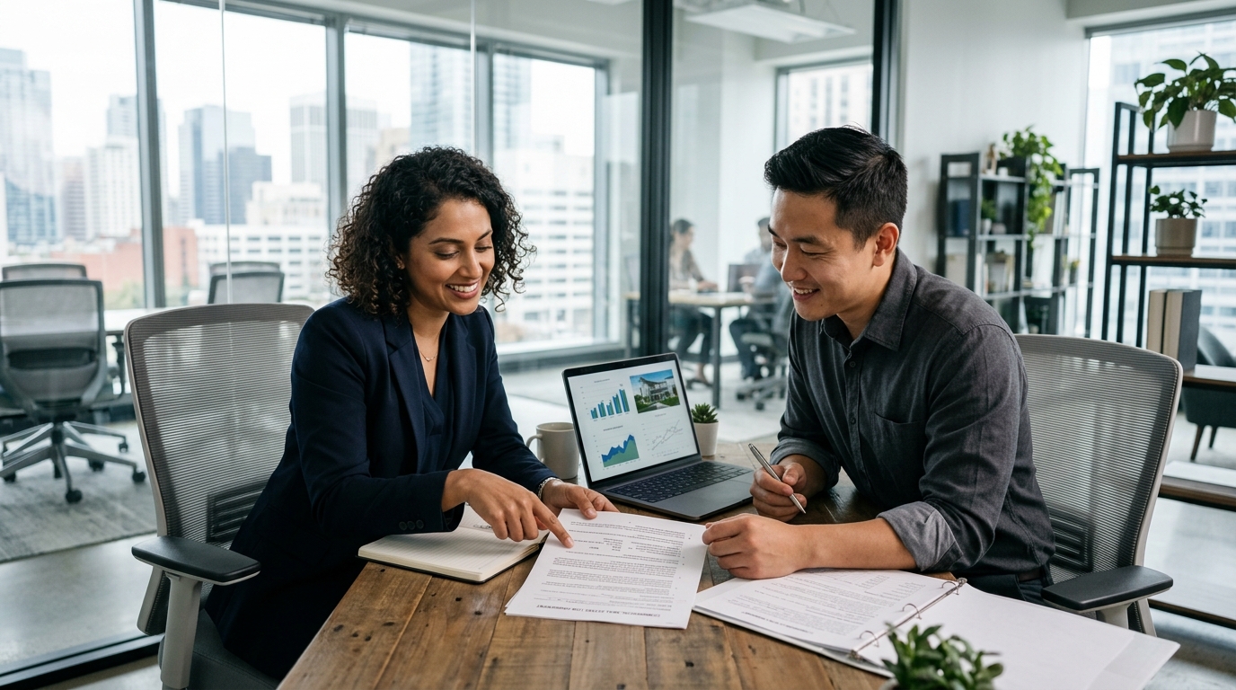 Two business owners reviewing a commercial real estate financing contract, discussing terms and conditions.