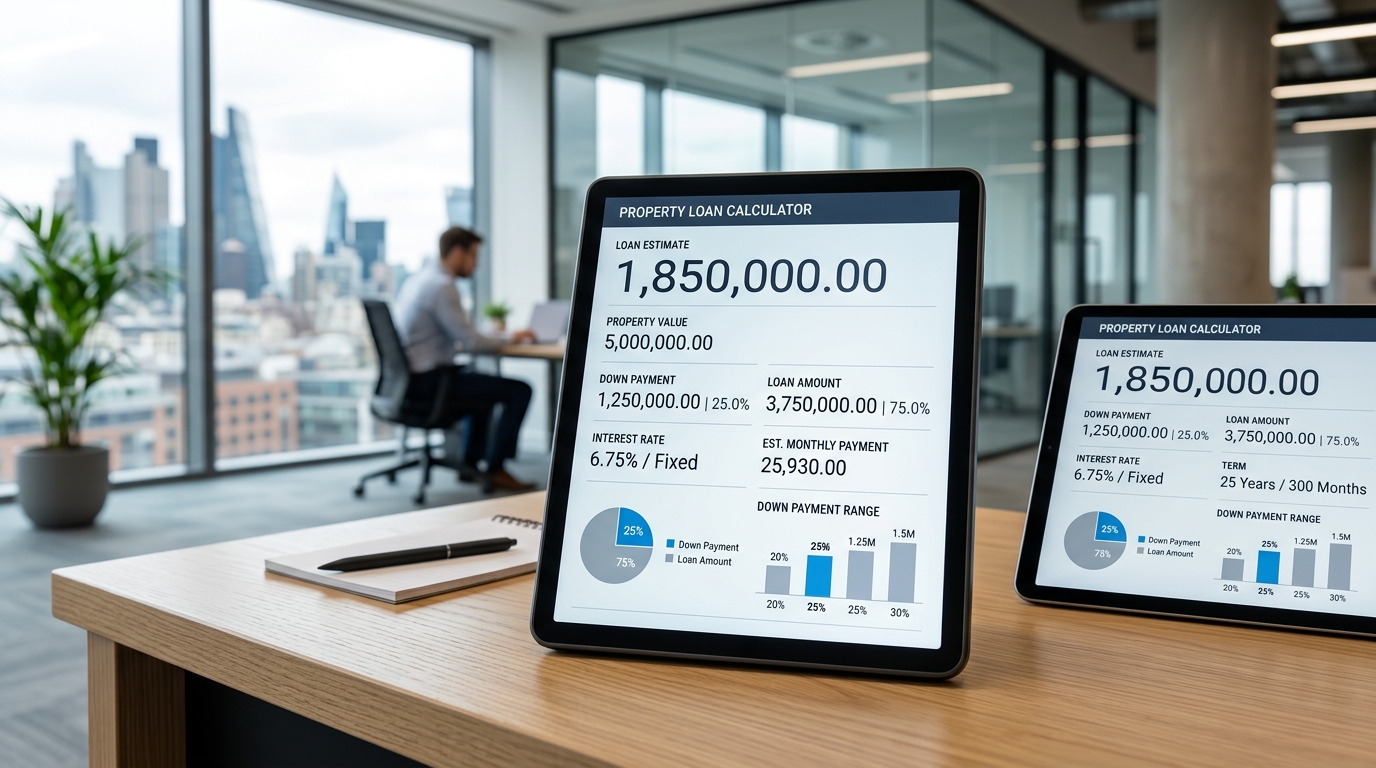 A calculator displaying commercial real estate loan down payment expectations.