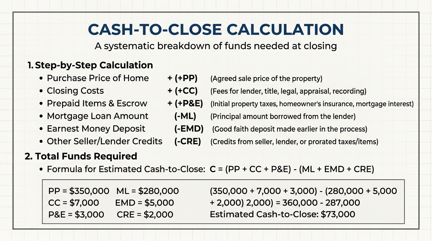 Mathematical formula illustrating the calculation breakdown for total cash-to-close in a commercial real estate transaction.