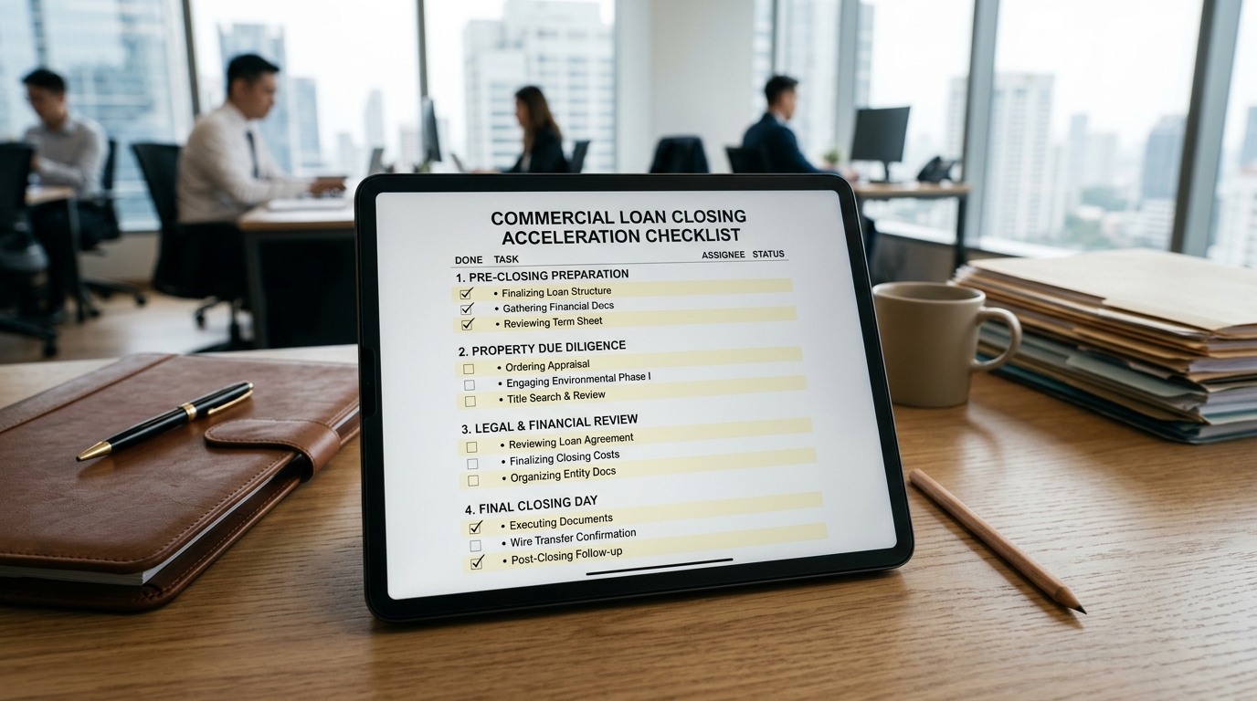 A checklist document with highlighted steps to accelerate the commercial loan closing process.