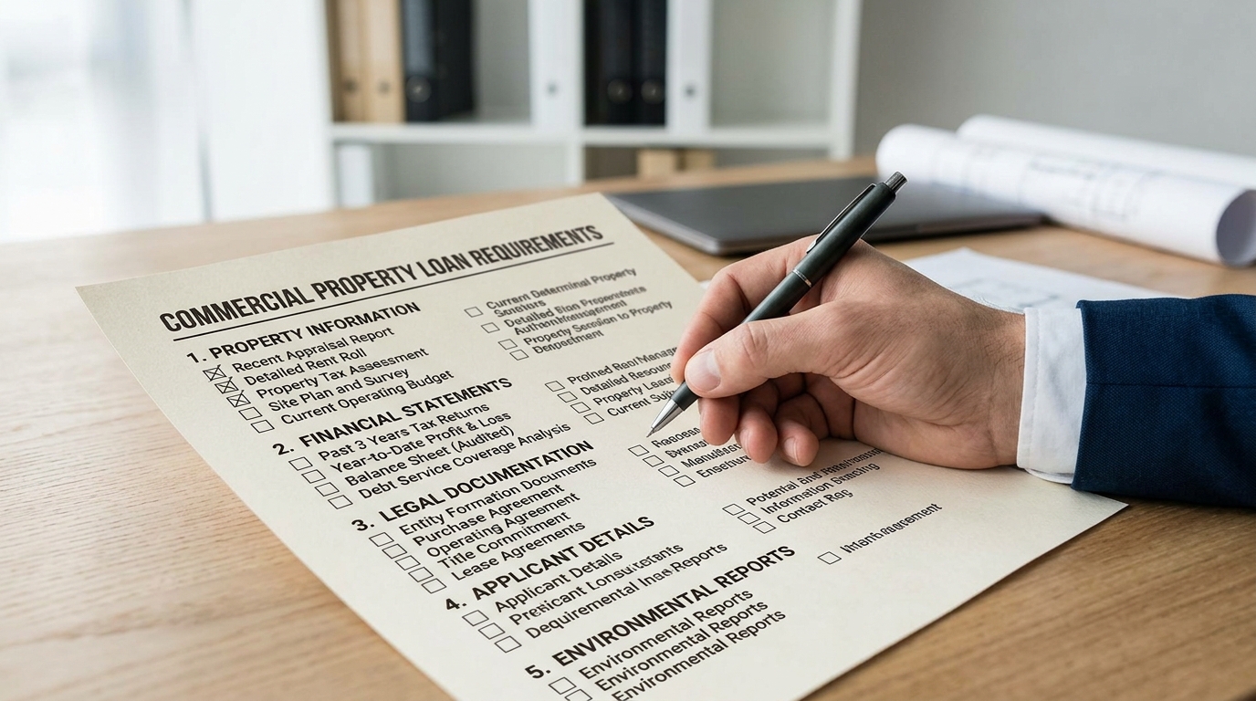A checklist outlining essential requirements for commercial property loans, including financial metrics and documentation.