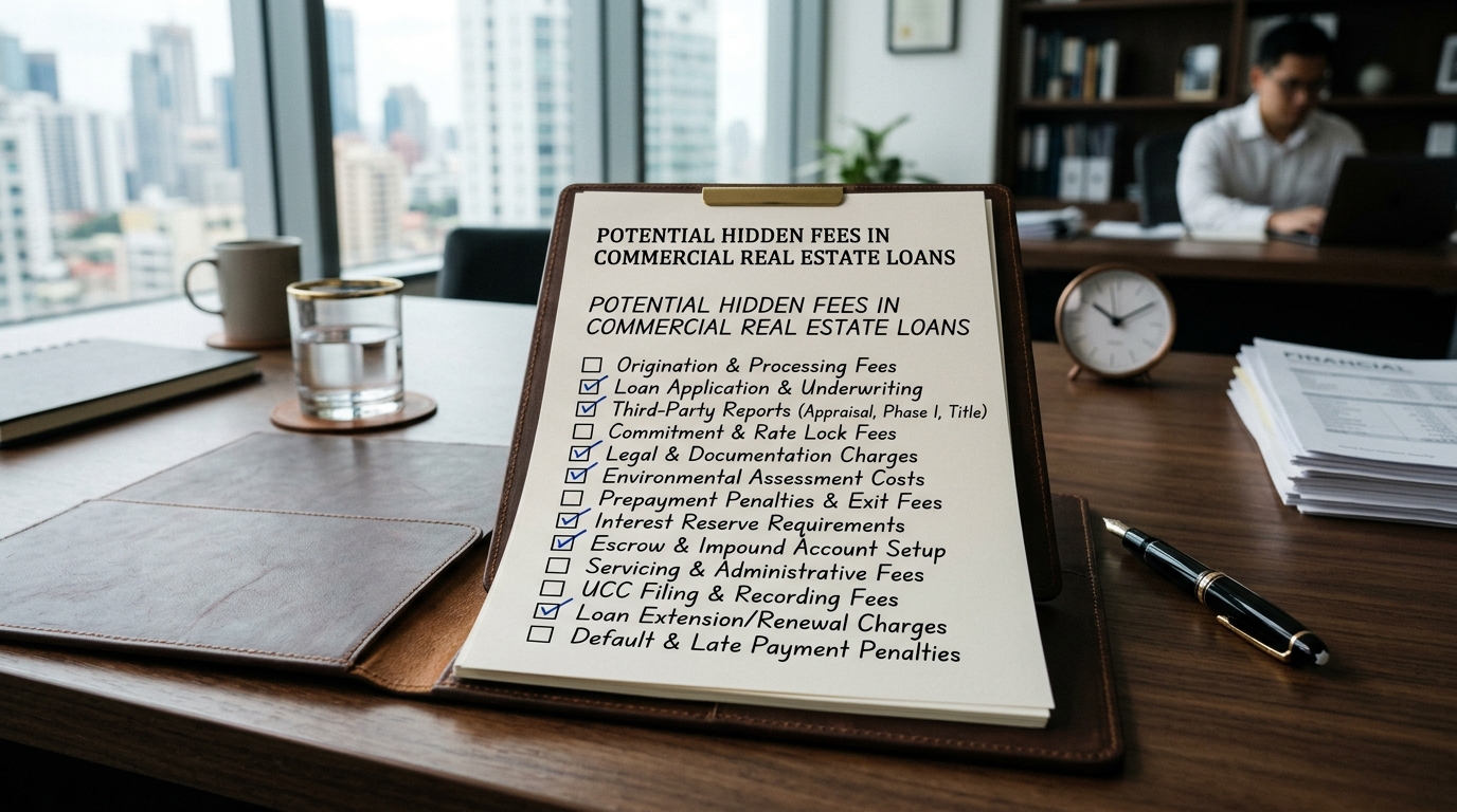 A checklist highlighting hidden fees to watch out for in commercial real estate loans.
