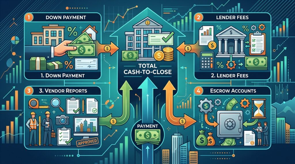 Diagram showing the various components that make up total commercial cash-to-close, such as down payment, lender fees, vendor reports, and escrow reserves.