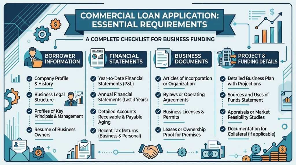 A structured bulleted list outlining the key requirements and documents for a commercial loan application.