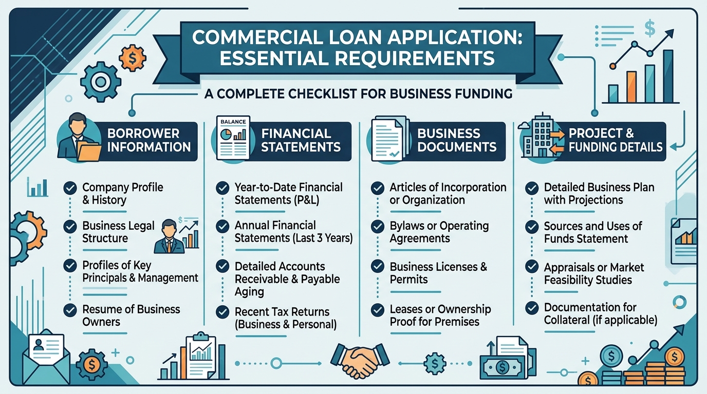 A structured bulleted list outlining the key requirements and documents for a commercial loan application.