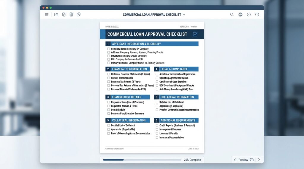 Preview of a comprehensive commercial loan approval checklist document, highlighting key requirements for securing financing.