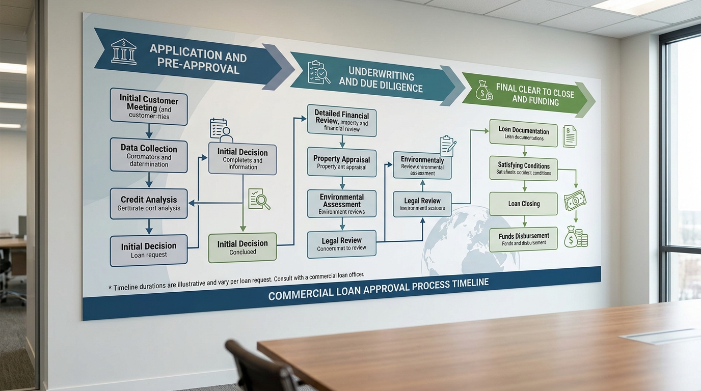 Flowchart detailing the commercial loan approval process timeline, showing the progression from application and pre-approval, through underwriting and due diligence, to final clear to close and funding.