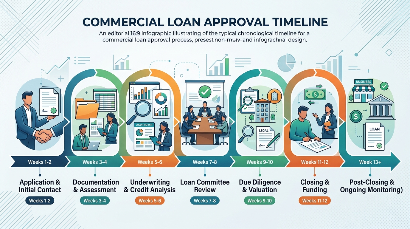 Infographic detailing the step-by-step timeline and duration for commercial loan approval process.