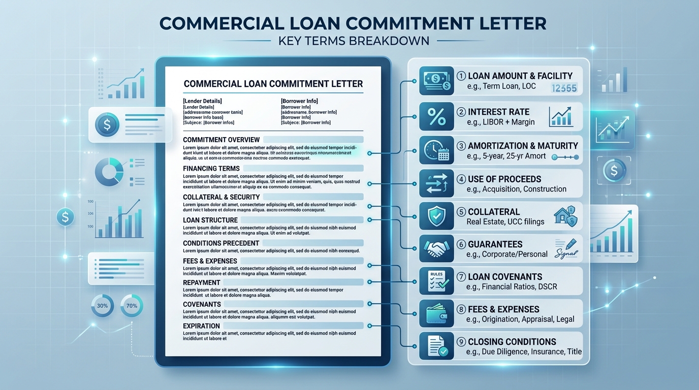 Sample commercial loan commitment letter with a visual breakdown of its essential terms and conditions.