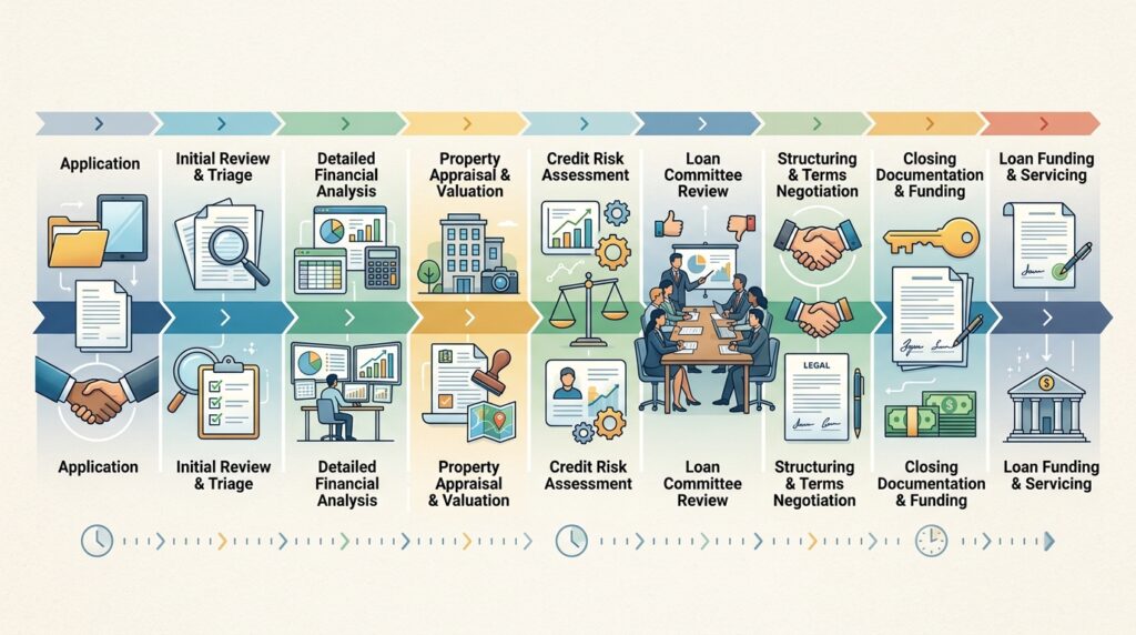 Diagram illustrating the commercial loan underwriting process and timeline, showing stages from application to closing.