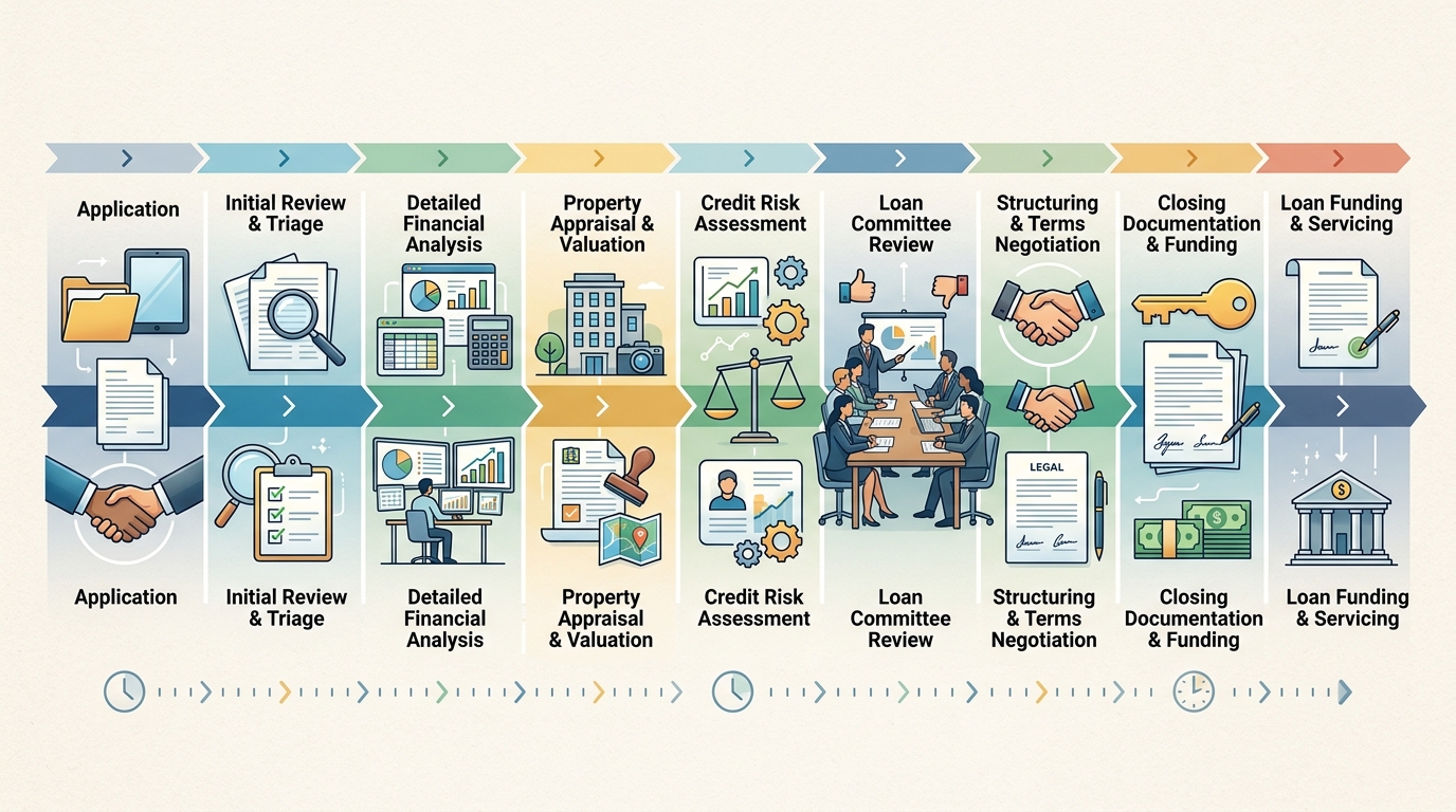 Diagram illustrating the commercial loan underwriting process and timeline, showing stages from application to closing.