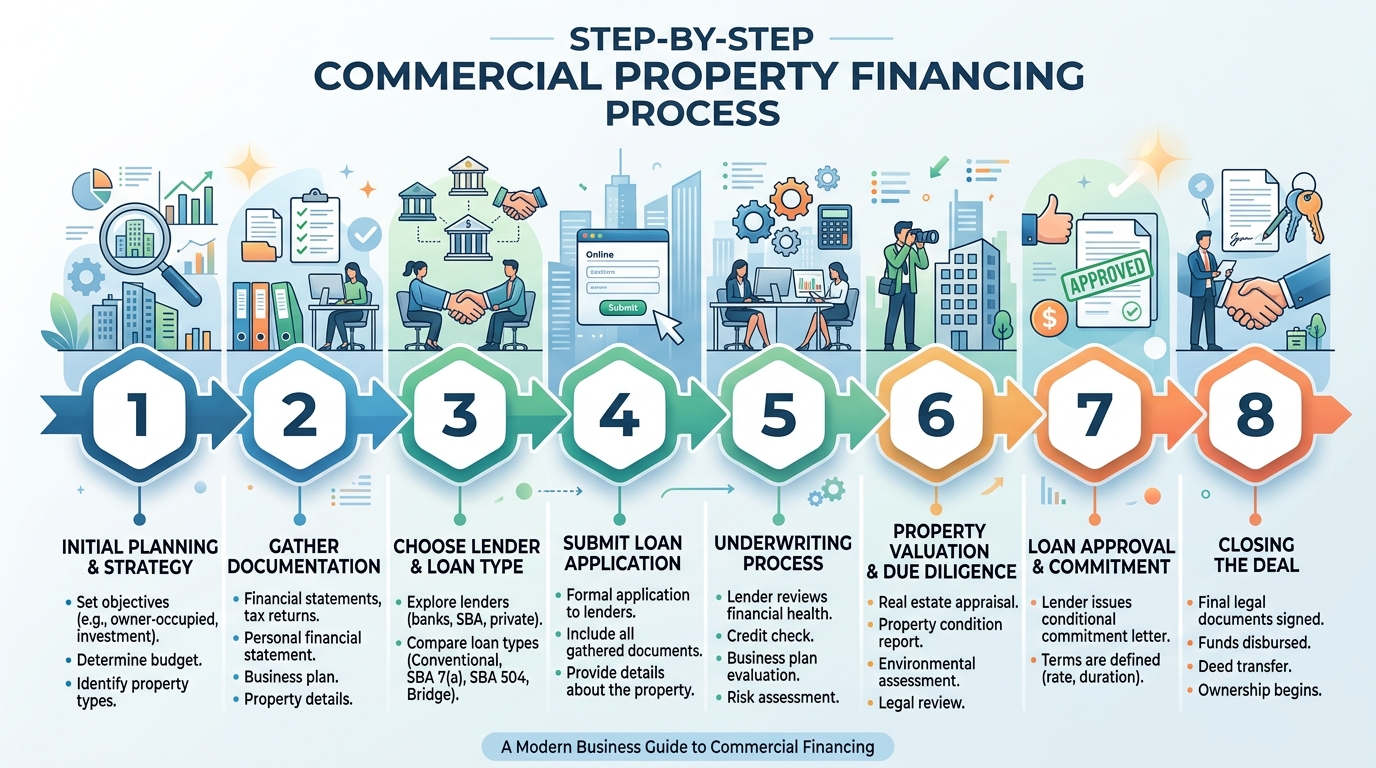 Infographic detailing the seven steps of the commercial property financing process.