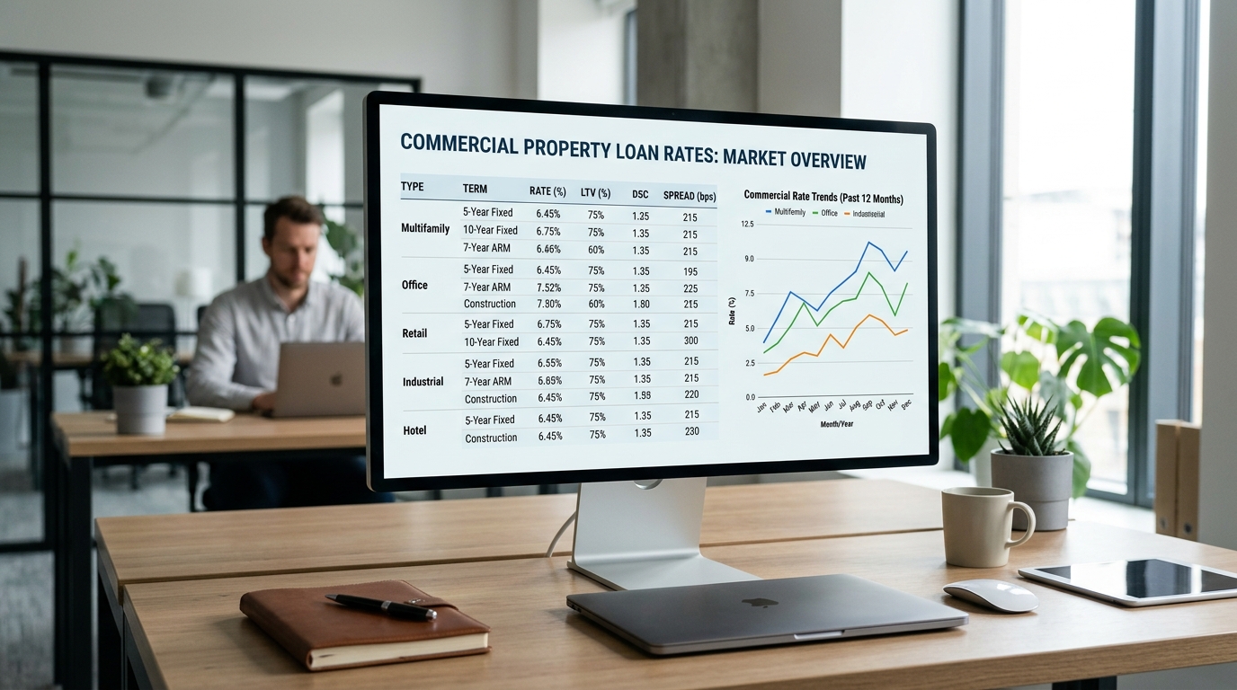 Data table illustrating current commercial property loan rates across various loan categories and their average interest rate ranges.