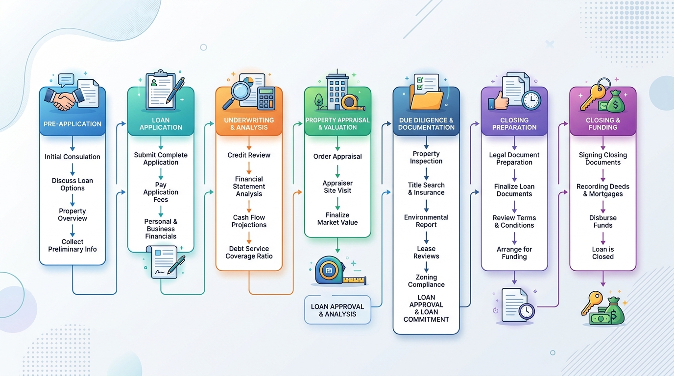 Flowchart illustrating the stages of the commercial real estate loan process