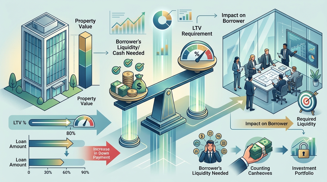 A visual representation explaining how commercial real estate Loan-to-Value (LTV) requirements directly affect the amount of liquidity a borrower needs for a transaction.