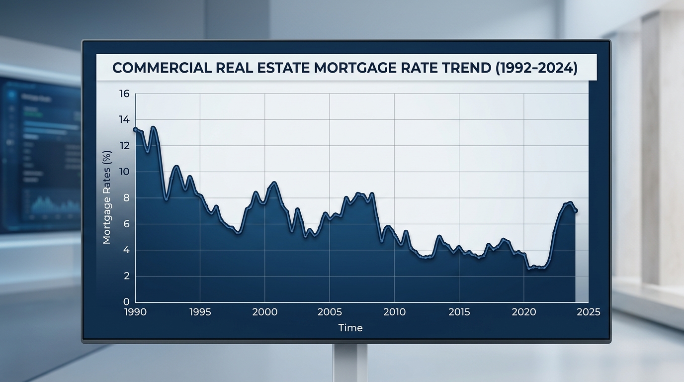 Line graph depicting the historical trend of commercial real estate mortgage rates over a period of time.