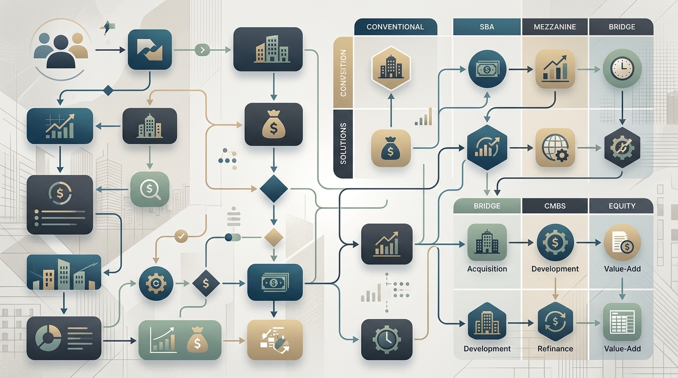 A conceptual matrix illustrating different commercial real estate financing solutions available to active property buyers.