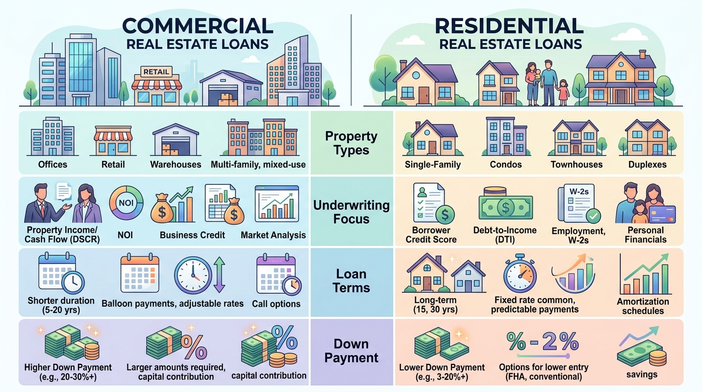 Side-by-side comparison illustrating the key differences between commercial and residential real estate loans