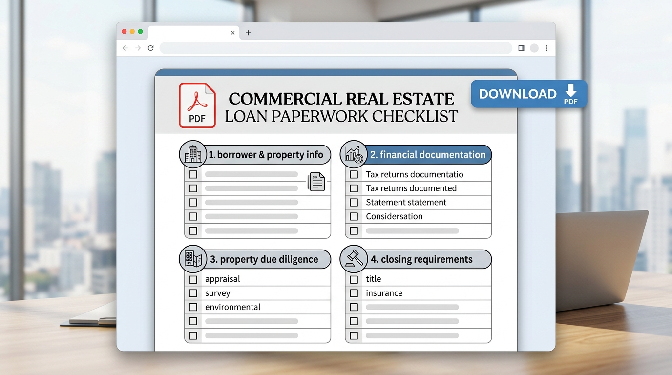 A visual representation of a downloadable PDF checklist for commercial real estate loan application paperwork.