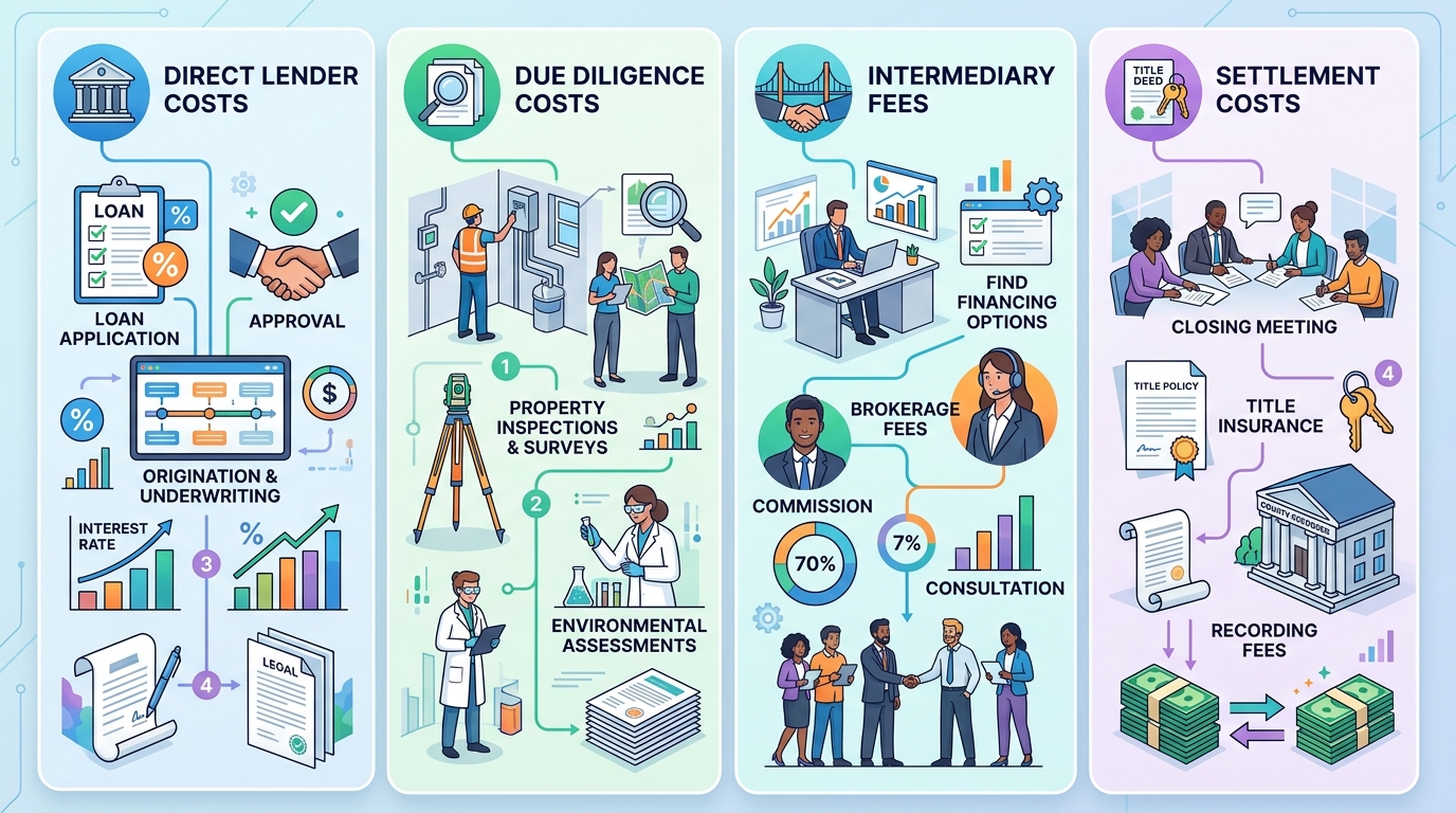 Infographic detailing the four main categories of commercial real estate financing costs: Direct Lender, Due Diligence, Intermediary, and Settlement.