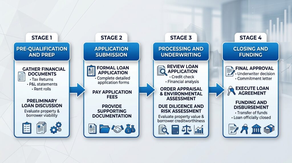 Flowchart illustrating the four stages of the commercial real estate loan application process: Pre-qualification and Prep, Application Submission, Processing and Underwriting, and Closing and Funding.