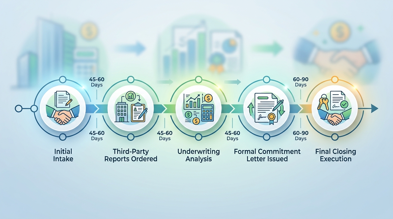 Timeline graphic showing the typical 45 to 90-day commercial real estate loan approval process, highlighting key milestones and their durations.
