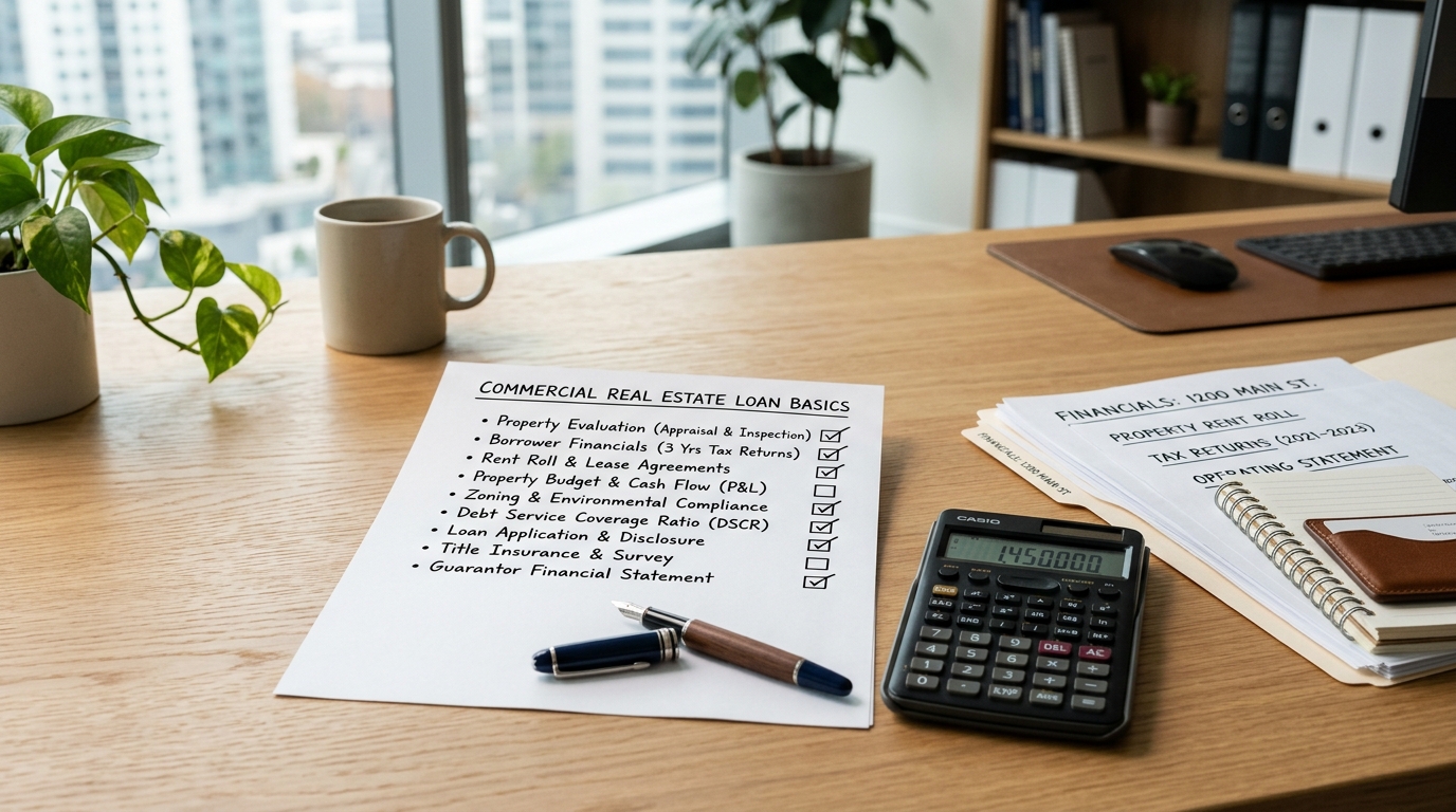 A checklist detailing the basic requirements and considerations for commercial real estate loans on a desk.