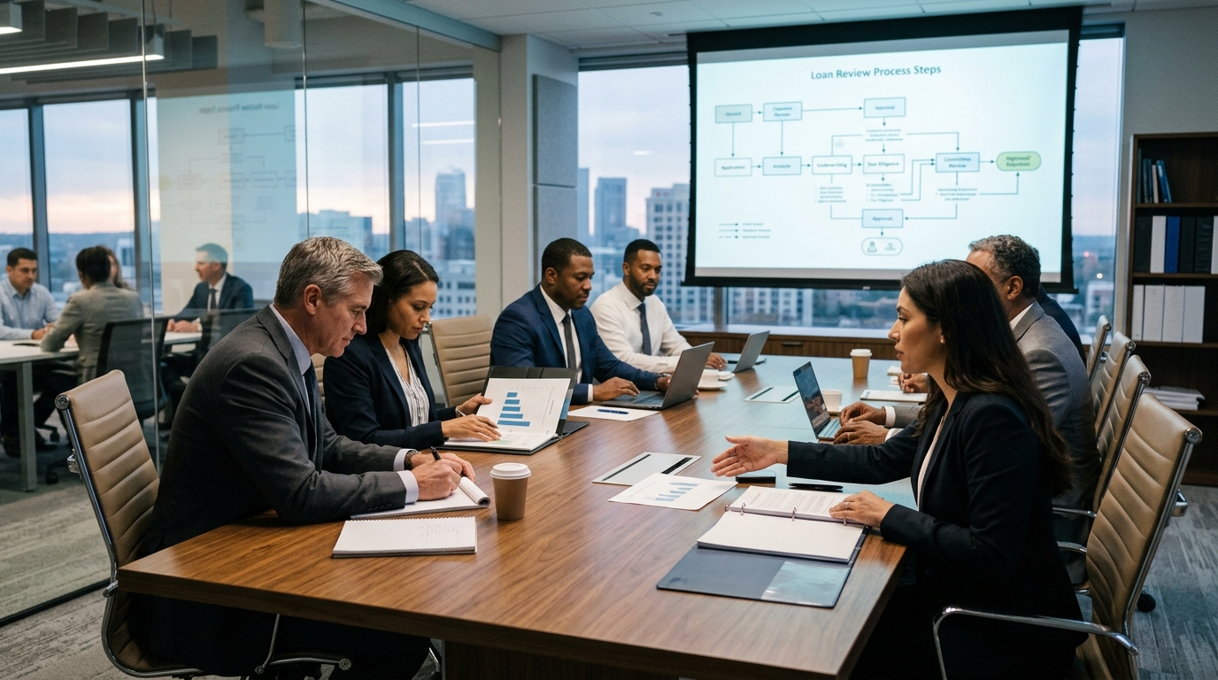 Illustration of a commercial real estate loan committee review meeting structure, showing professionals discussing documents.