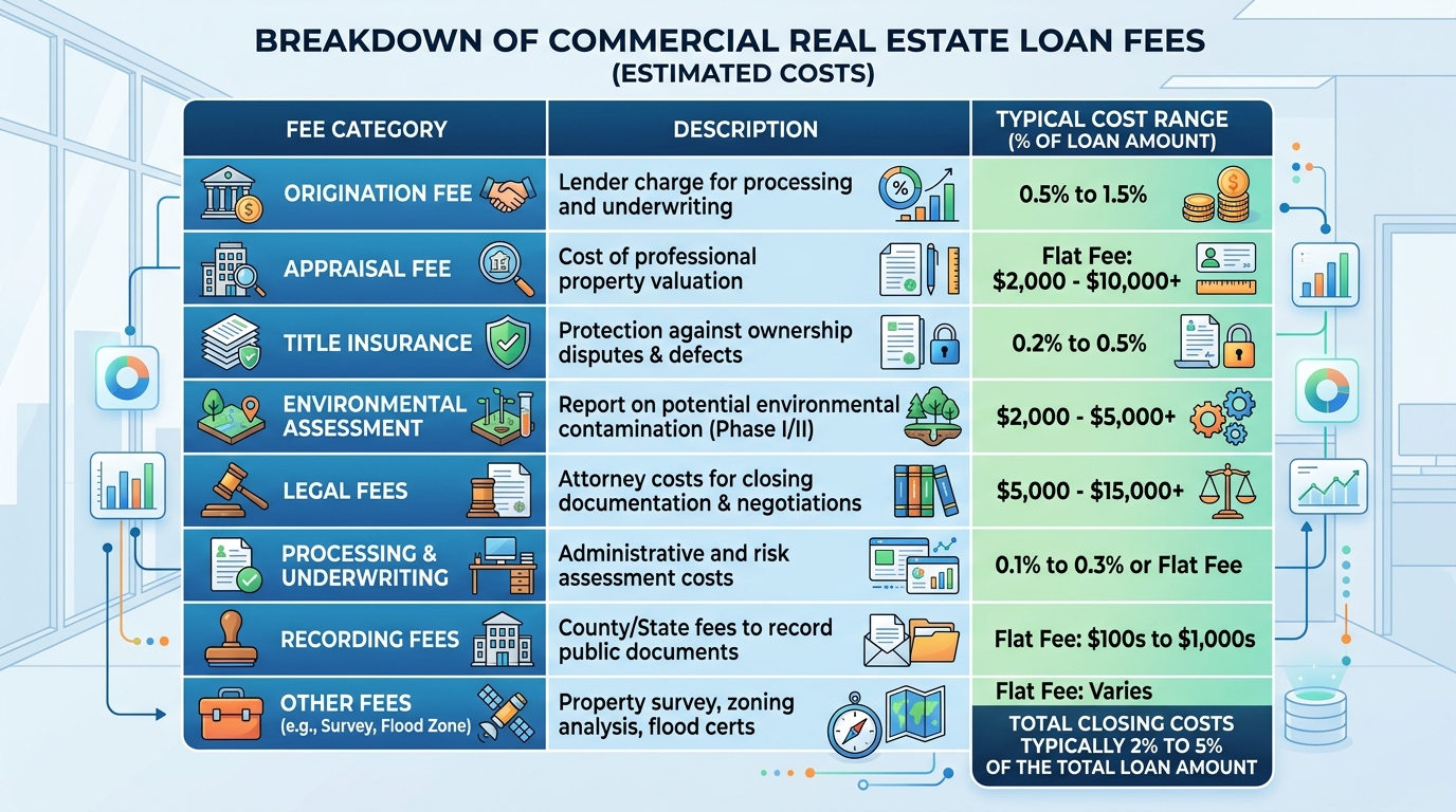 Chart illustrating the various categories of commercial real estate loan fees and their typical cost percentages.