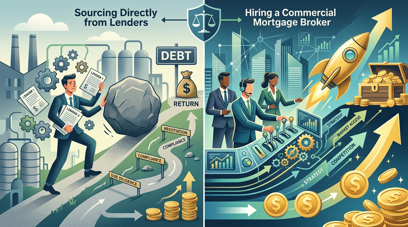 Comparison graphic showing the net ROI benefits of using a commercial mortgage broker versus going directly to lenders, highlighting potential savings and increased loan proceeds.