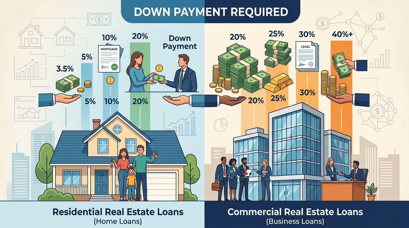 Table comparing down payment requirements for commercial and residential real estate loans