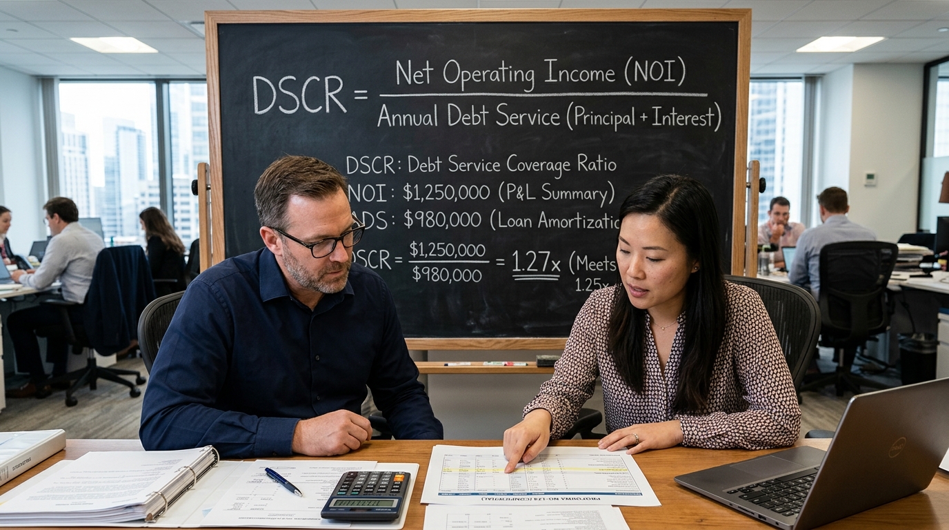 A visual representation of the Debt Service Coverage Ratio (DSCR) formula, showing Net Operating Income divided by Annual Debt Service, a key metric in commercial real estate underwriting.