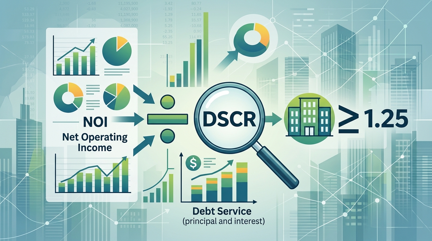 Visual representation of the Debt Service Coverage Ratio (DSCR) formula used in qualifying for commercial real estate loans.