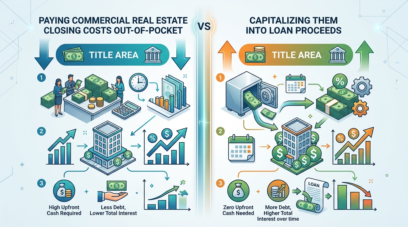Comparison graphic illustrating the differences between paying commercial real estate closing costs out-of-pocket and financing them into the loan proceeds.