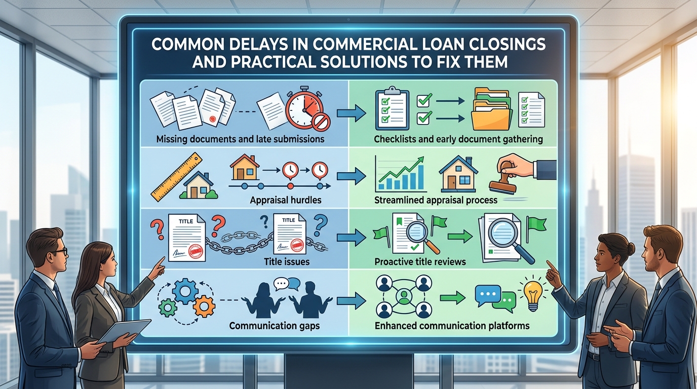 A graphic illustrating common reasons for delays in closing commercial loans and their corresponding solutions.