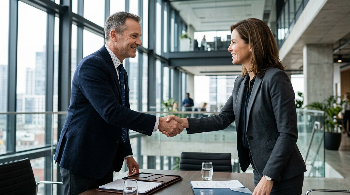 Two business professionals shaking hands, symbolizing the successful closing of a commercial property investment financing deal.