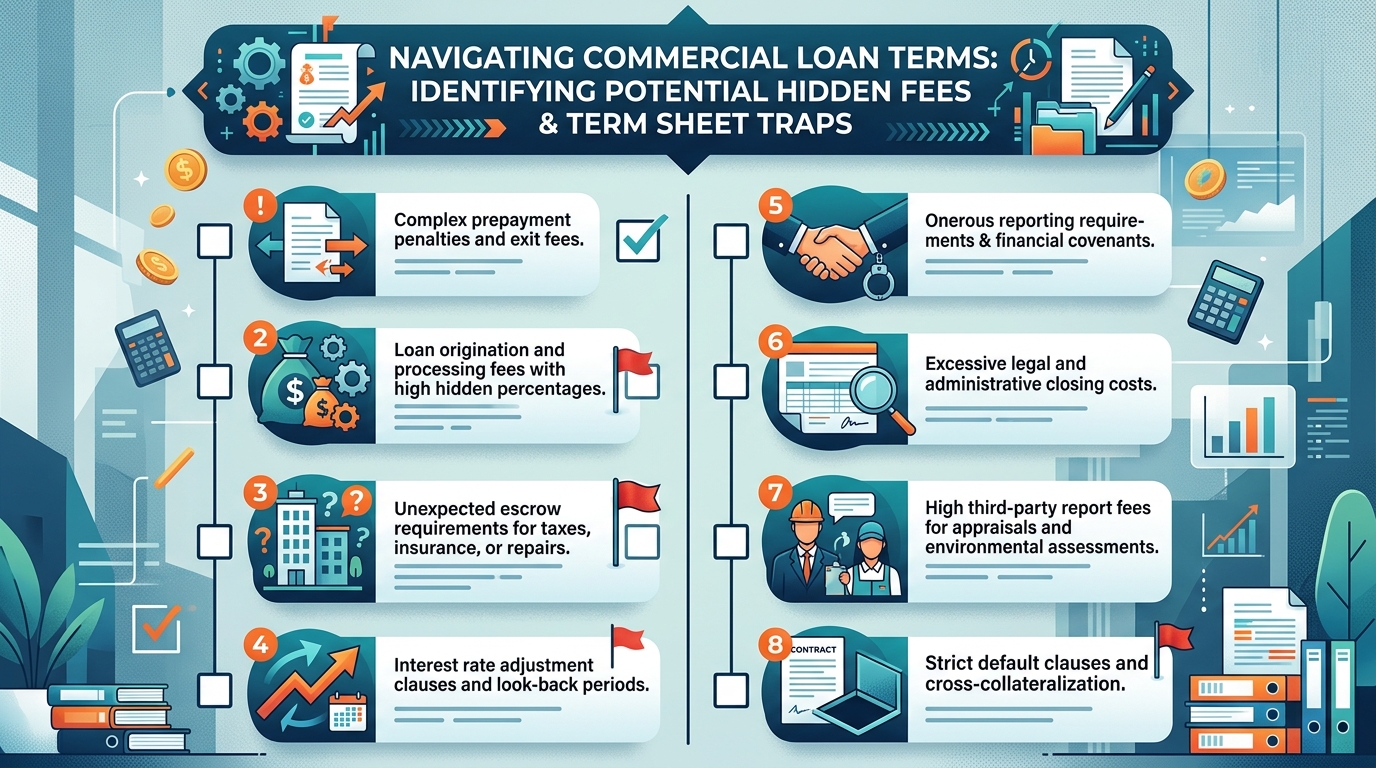 Checklist graphic highlighting potential hidden fees and term sheet traps to be aware of in commercial real estate loans.