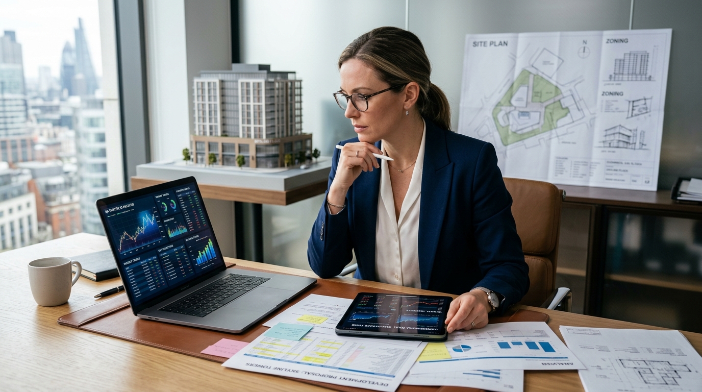 An investor reviewing financial documents and options for financing a commercial building.