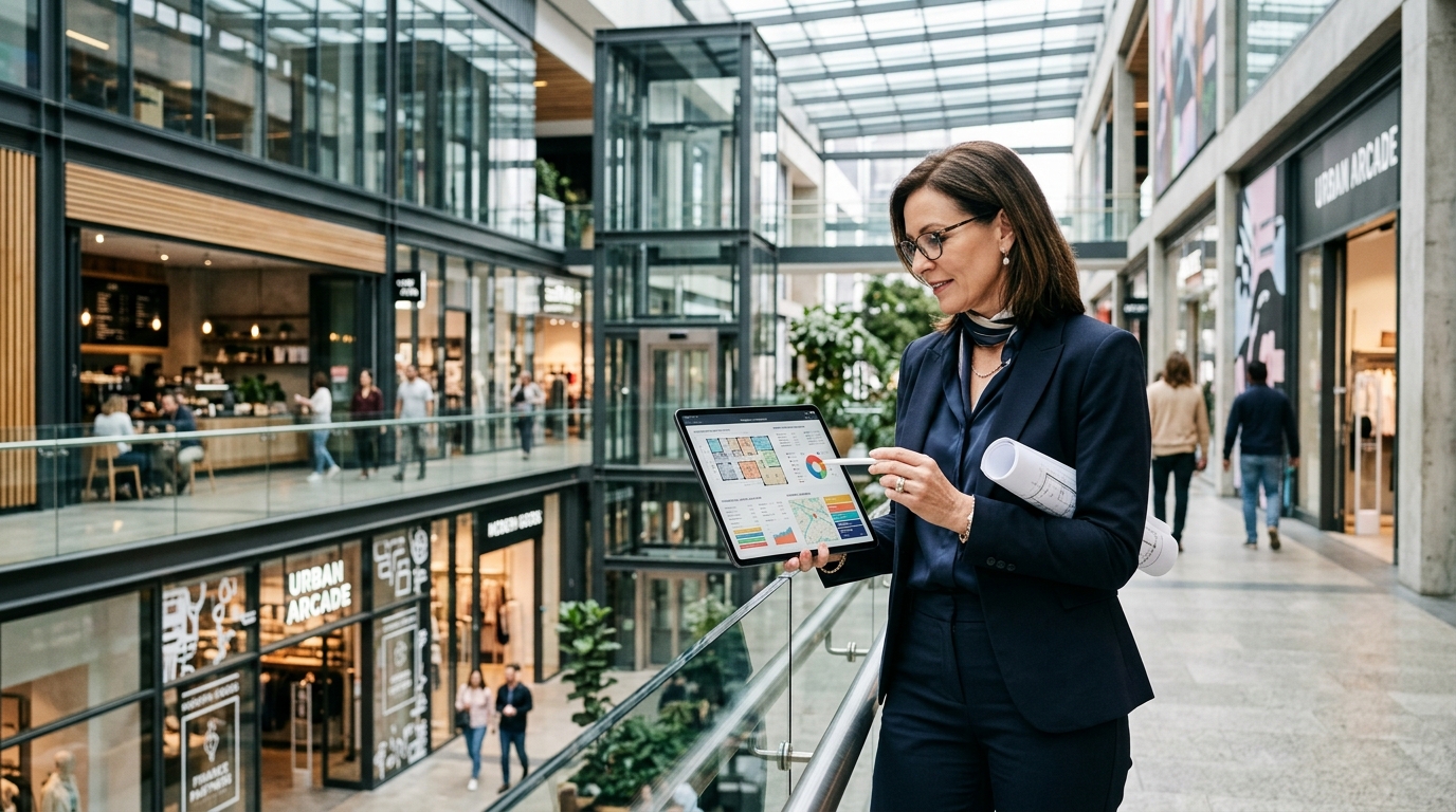 An investor reviews plans for a new retail space, considering low down payment commercial loan options.