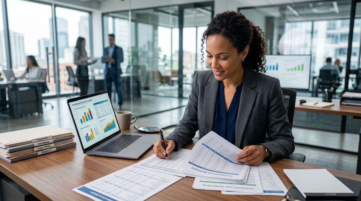 A lender meticulously evaluating documents for commercial real estate investment loans, highlighting the detailed underwriting process.