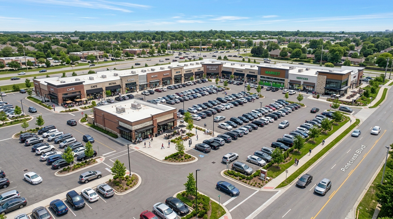 Aerial view of a vibrant retail strip center, illustrating a commercial property financed with investor loans.