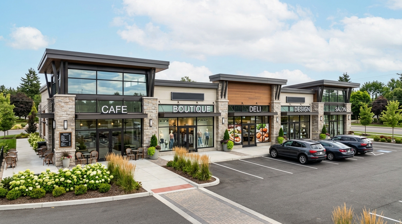 Exterior view of a retail property, such as a strip mall or a standalone store